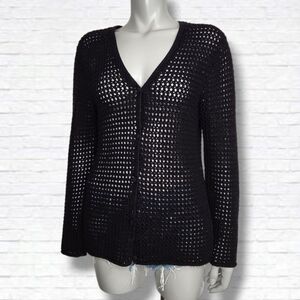 Lauren Ralph Lauren Black Handknit Crochet V Neck Cardigan Size L
